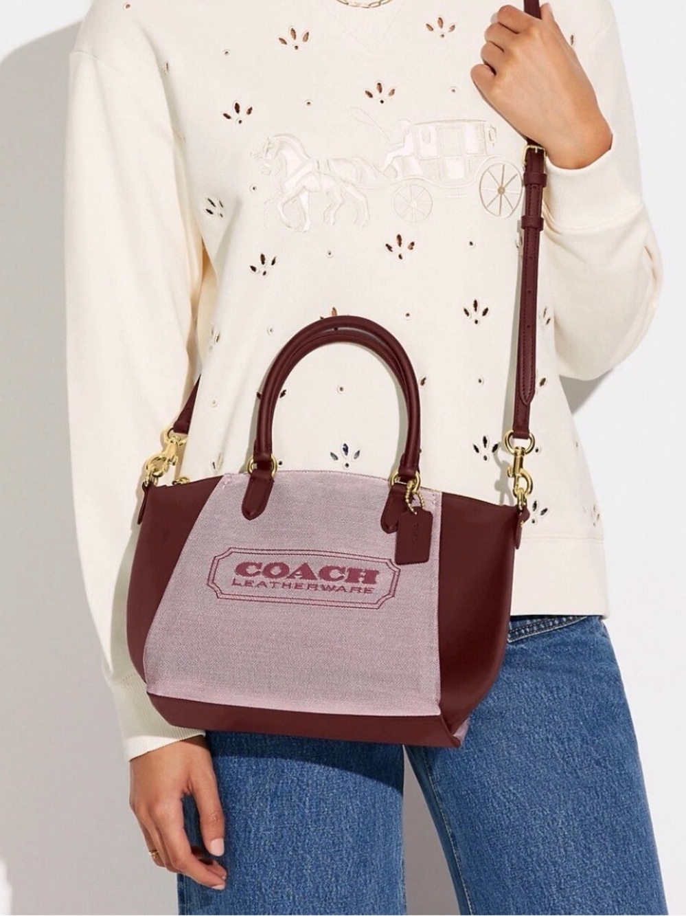 NWT Coach Elise Badge Jacquard Satchel Crossbody Bag In Wine Red